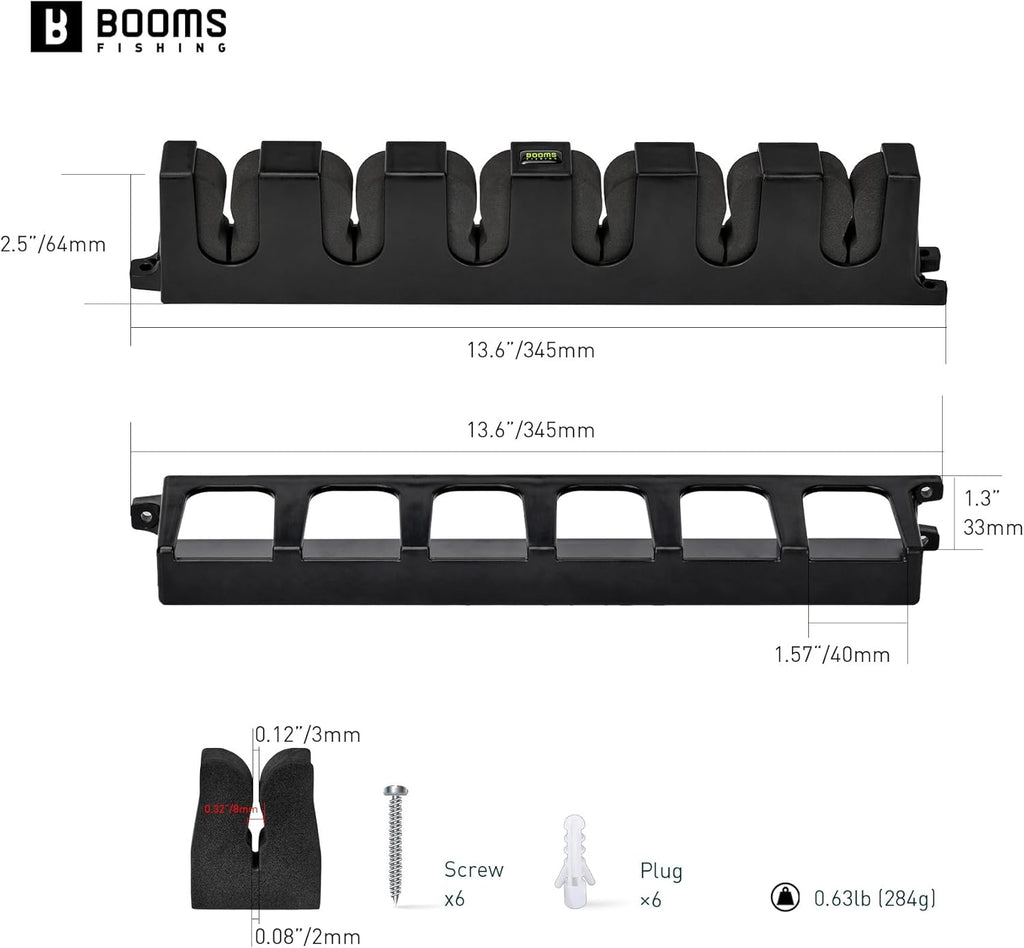 WV2 Fishing Pole Holder - Wall Mount Vertical Rack Holds up to 6 Rods, 13.6" Black