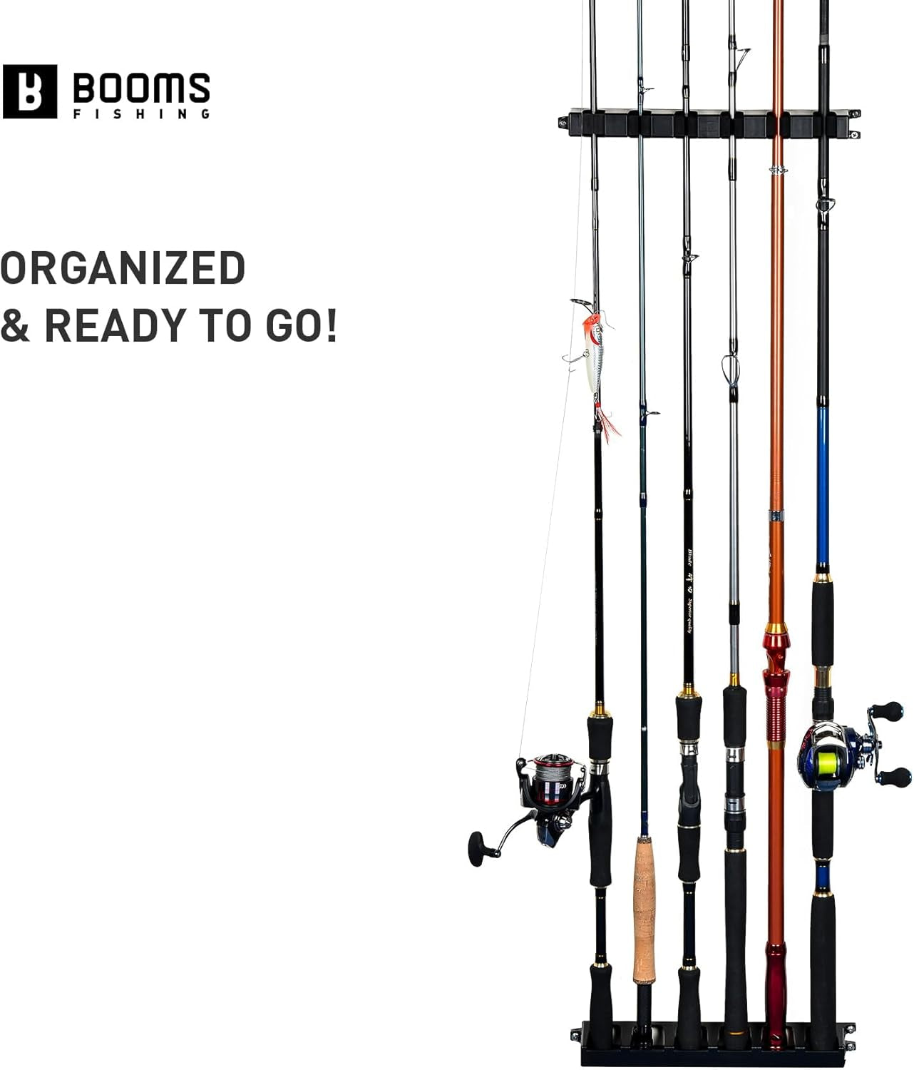 WV2 Fishing Pole Holder - Wall Mount Vertical Rack Holds up to 6 Rods, 13.6" Black