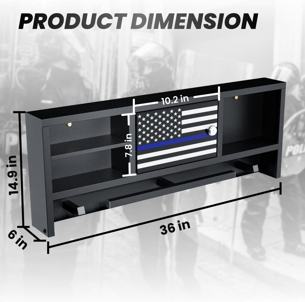 Police Gear Rack for Gun Storage, Tactical Police Hanger with Hooks, Police Gear Stand Wall-Mounted with Password Lock Safe & Decorative Flags, Black