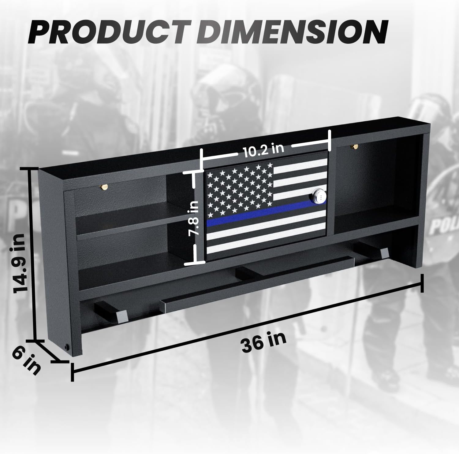 Police Gear Rack for Gun Storage, Tactical Police Hanger with Hooks, Police Gear Stand Wall-Mounted with Password Lock Safe & Decorative Flags, Black