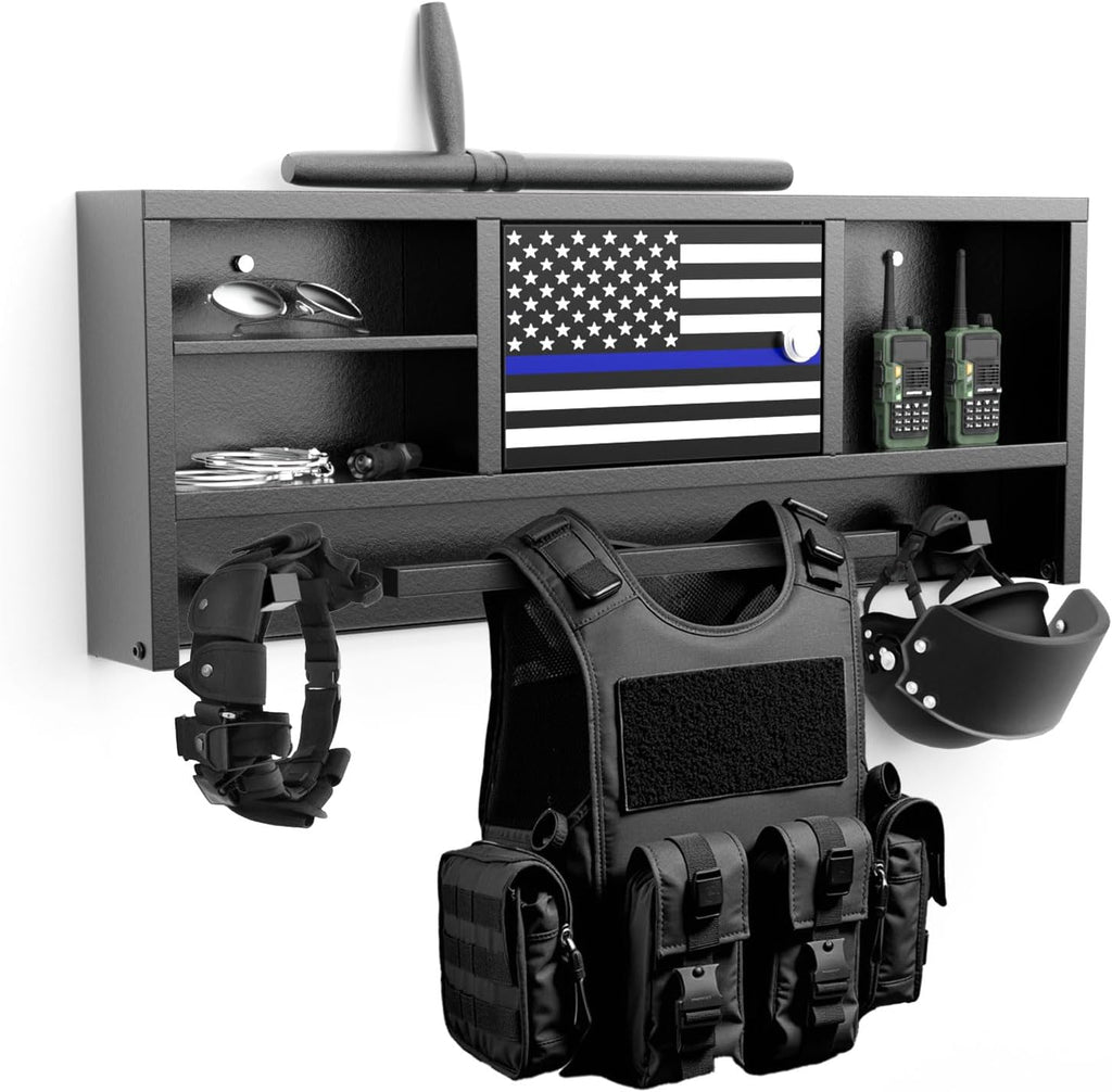 Police Gear Rack for Gun Storage, Tactical Police Hanger with Hooks, Police Gear Stand Wall-Mounted with Password Lock Safe & Decorative Flags, Black