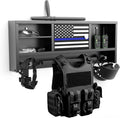 Police Gear Rack for Gun Storage, Tactical Police Hanger with Hooks, Police Gear Stand Wall-Mounted with Password Lock Safe & Decorative Flags, Black