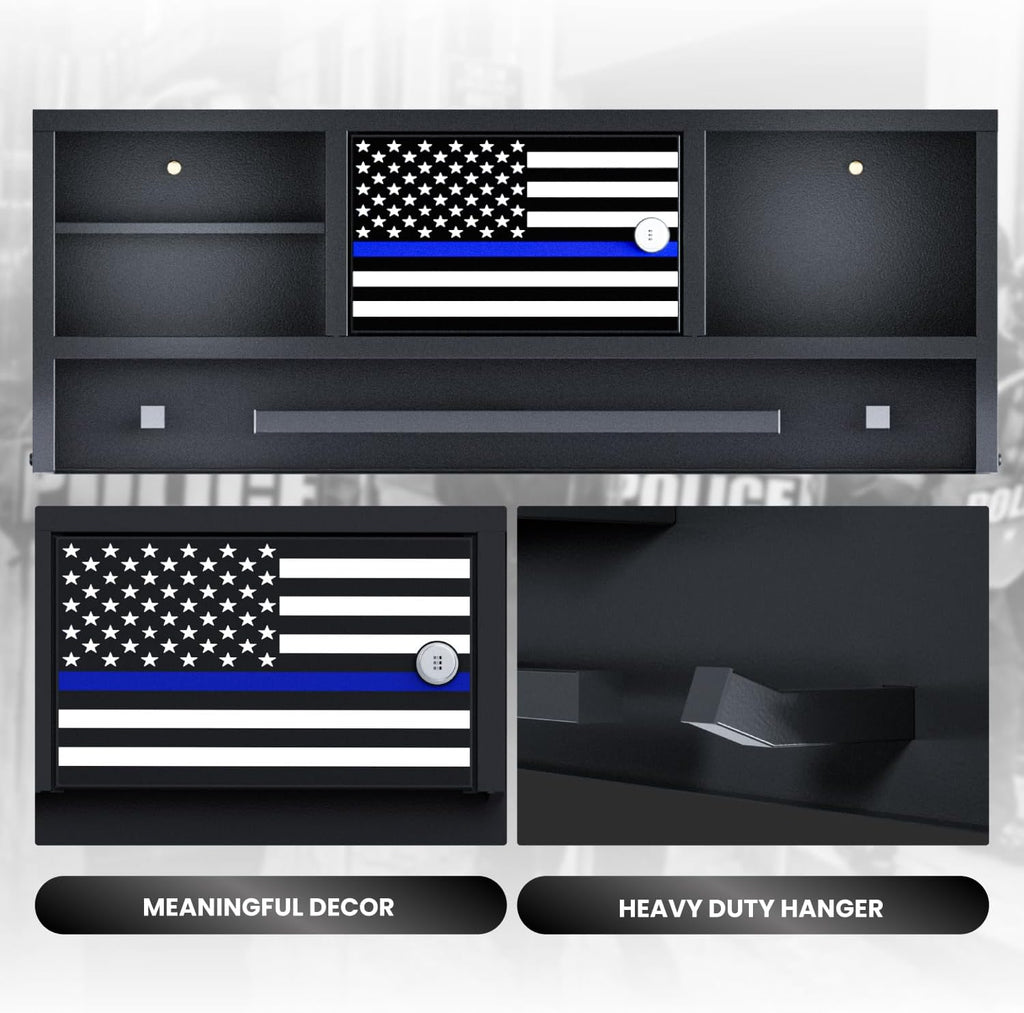 Police Gear Rack for Gun Storage, Tactical Police Hanger with Hooks, Police Gear Stand Wall-Mounted with Password Lock Safe & Decorative Flags, Black