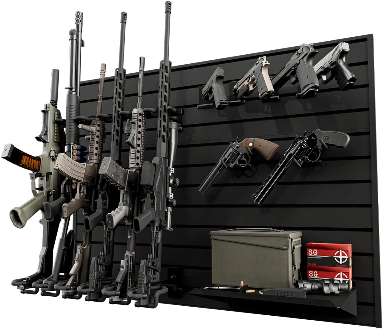Hold Up Displays Gun Wall Mount Display, Modular Tactical Wall for 6 Pistols and 6 Rifles, Police Gear Rack and Equipment Organizer, Heavy-Duty Aluminum Slatwall Gun Storage System