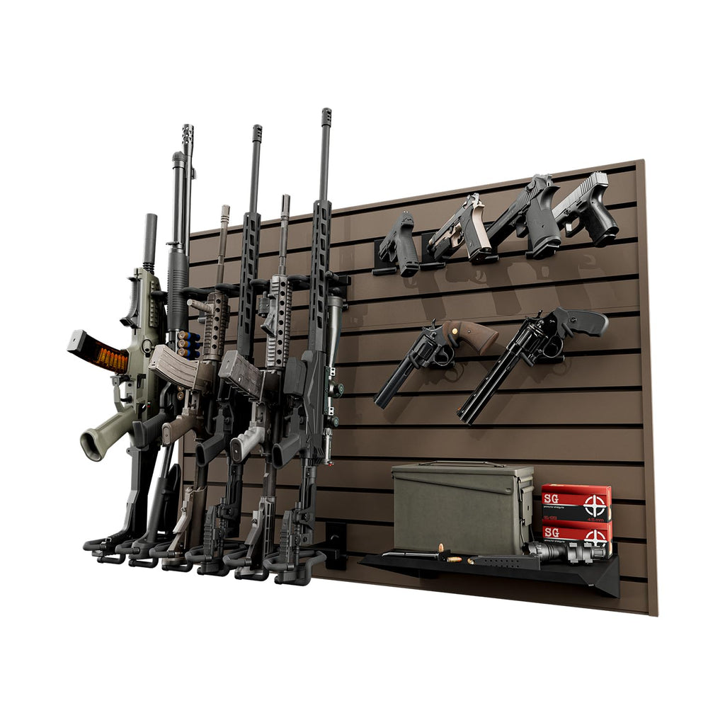Hold Up Displays Gun Wall Mount Display, Modular Tactical Wall for 6 Pistols and 6 Rifles, Police Gear Rack and Equipment Organizer, Heavy-Duty Aluminum Slatwall Gun Storage System