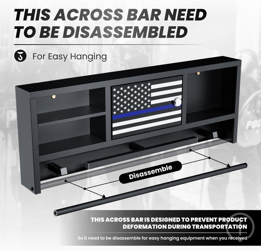 Police Gear Rack for Gun Storage, Tactical Police Hanger with Hooks, Police Gear Stand Wall-Mounted with Password Lock Safe & Decorative Flags, Black