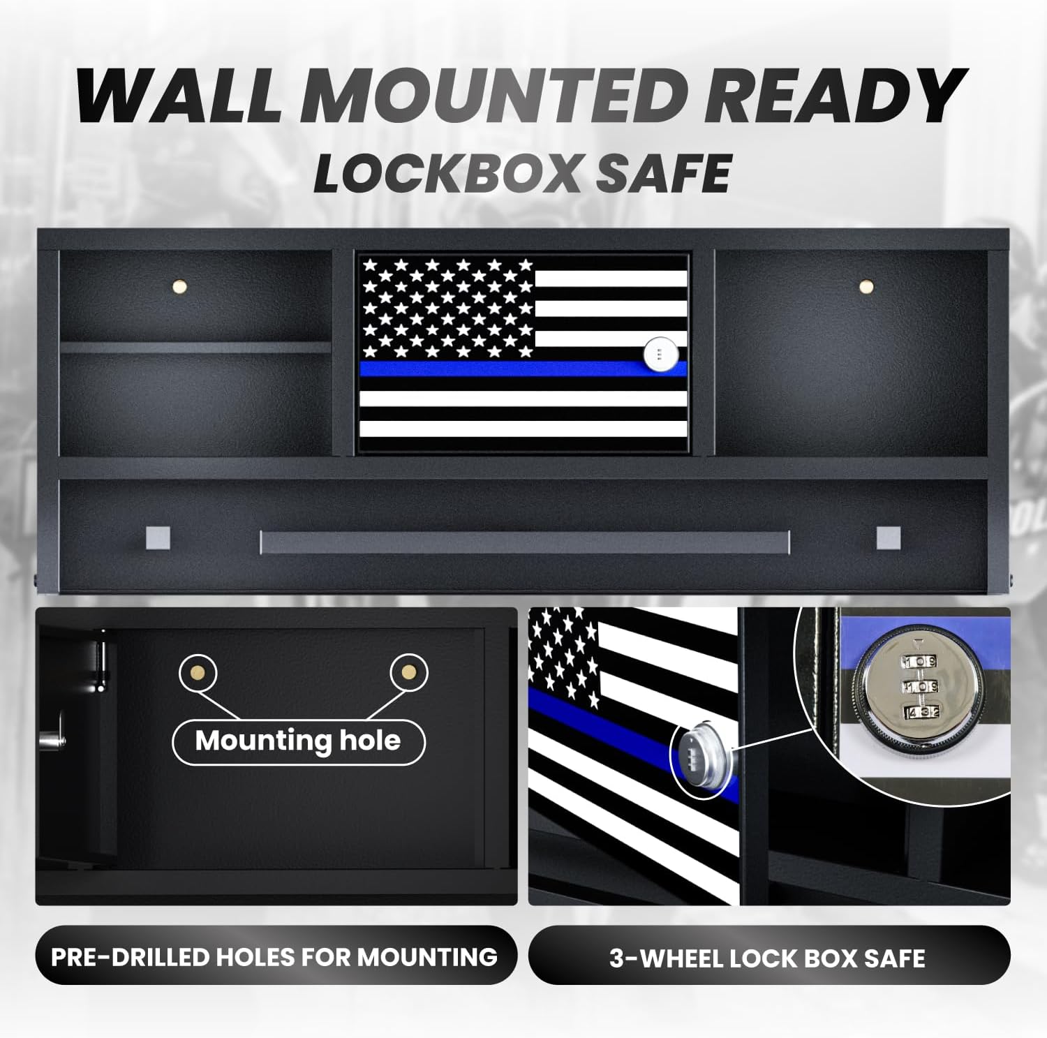 Police Gear Rack for Gun Storage, Tactical Police Hanger with Hooks, Police Gear Stand Wall-Mounted with Password Lock Safe & Decorative Flags, Black