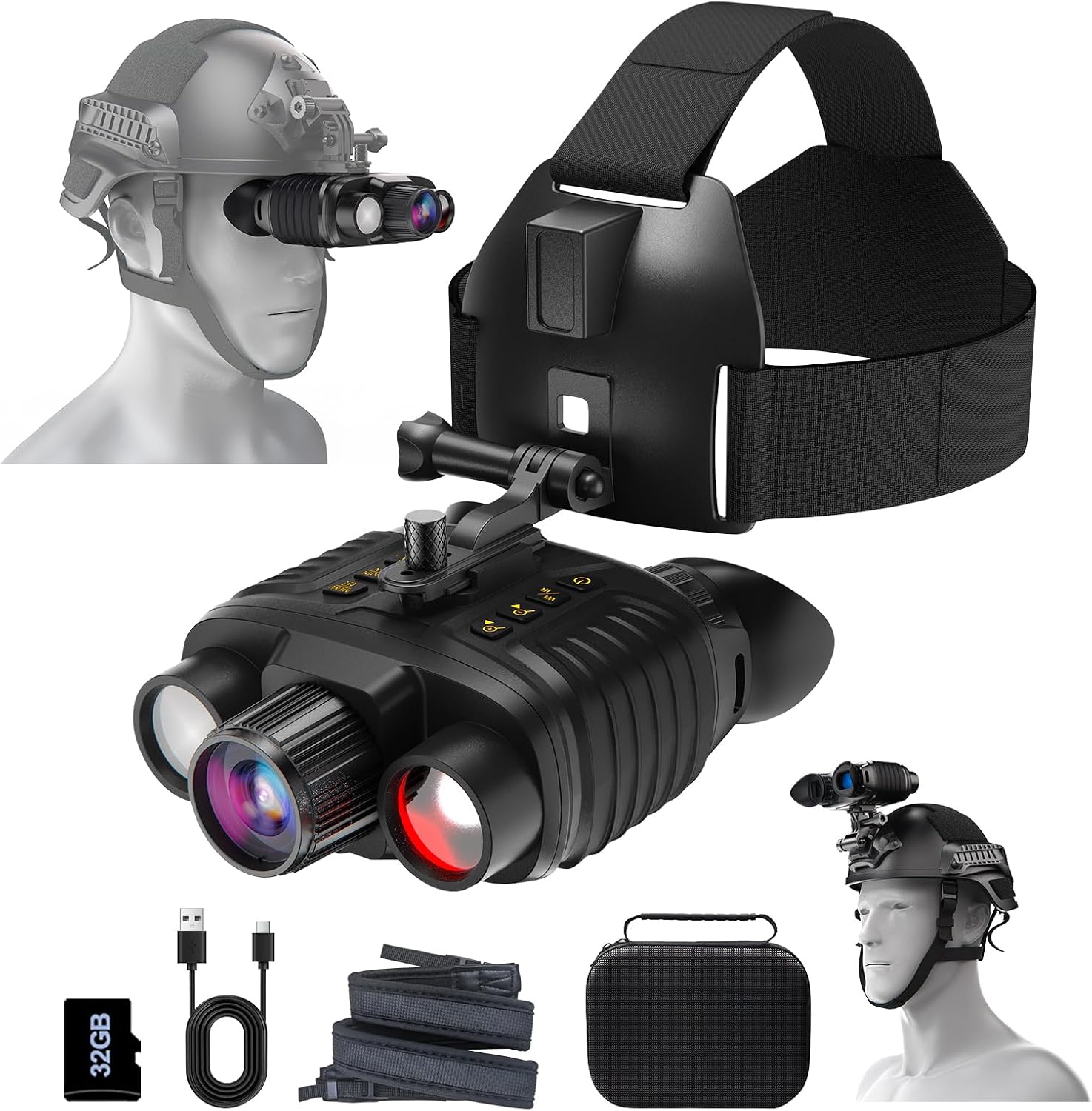 Head-Mounted Night Vision Goggles, 4K Binoculars 8X Zoom 850nm Stealth IR for All Black Observation– Hands-Free Hunting Gift with Compass & Button Backlight, 32GB TF Card, IP54 Waterproof