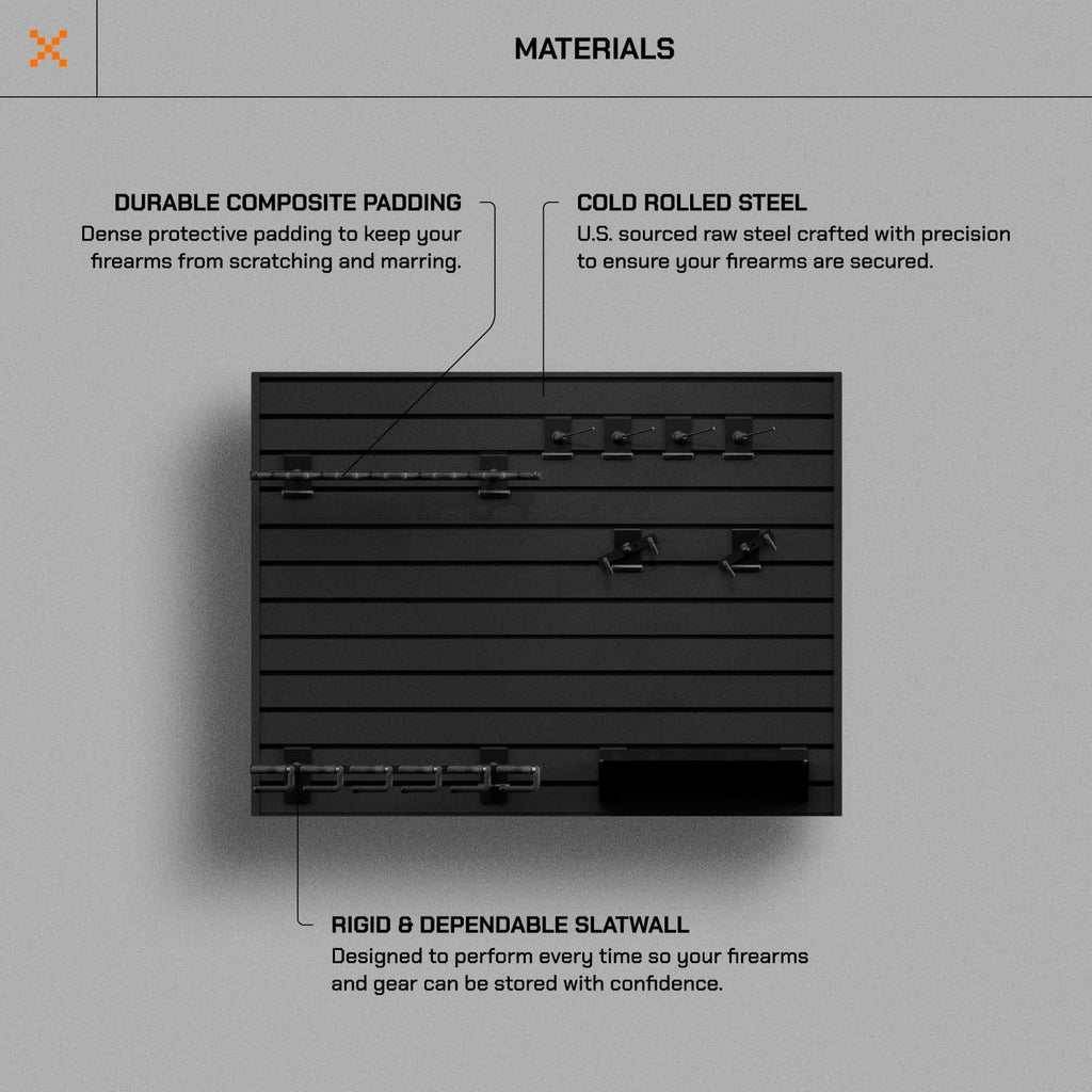Hold Up Displays Gun Wall Mount Display, Modular Tactical Wall for 6 Pistols and 6 Rifles, Police Gear Rack and Equipment Organizer, Heavy-Duty Aluminum Slatwall Gun Storage System