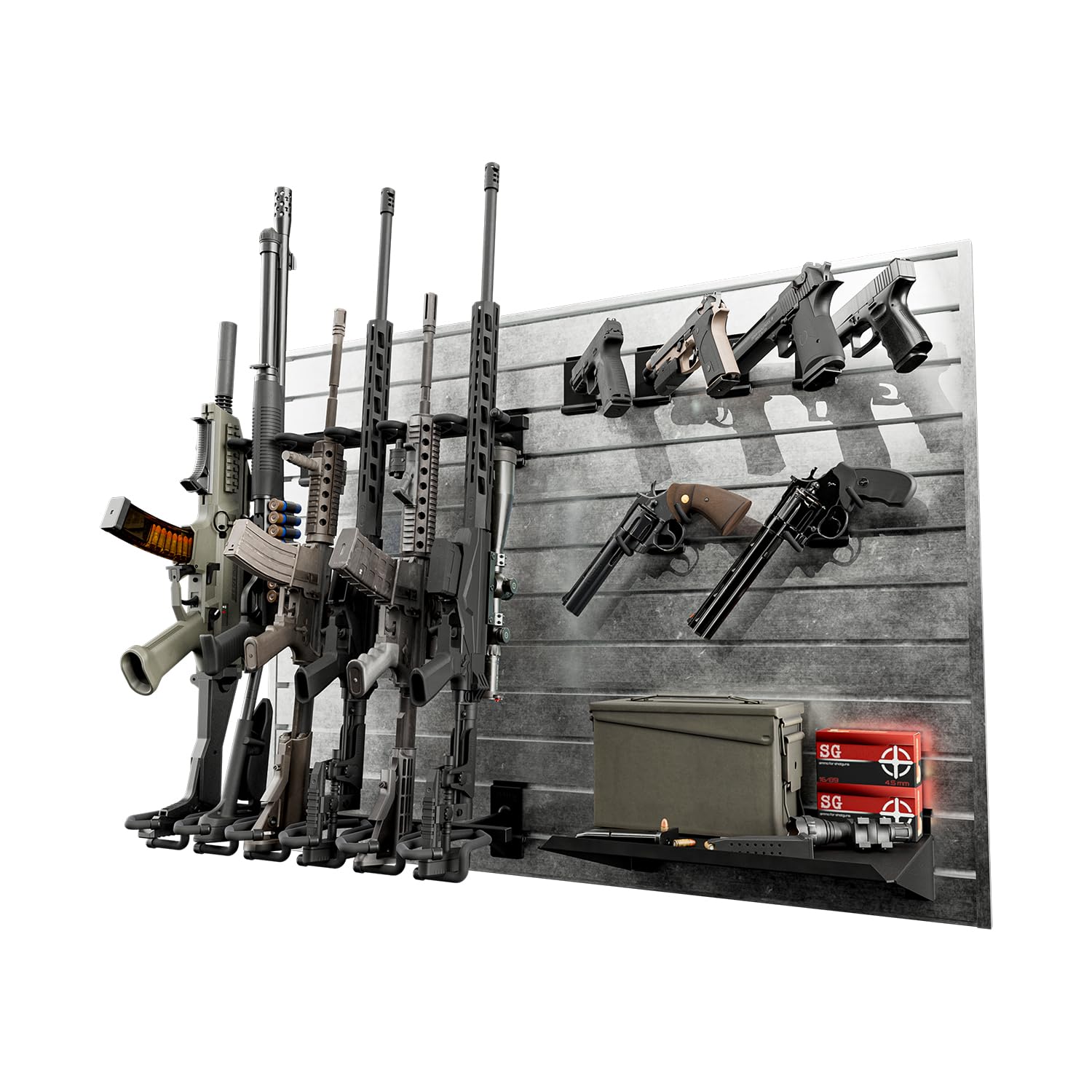 Hold Up Displays Gun Wall Mount Display, Modular Tactical Wall for 6 Pistols and 6 Rifles, Police Gear Rack and Equipment Organizer, Heavy-Duty Aluminum Slatwall Gun Storage System