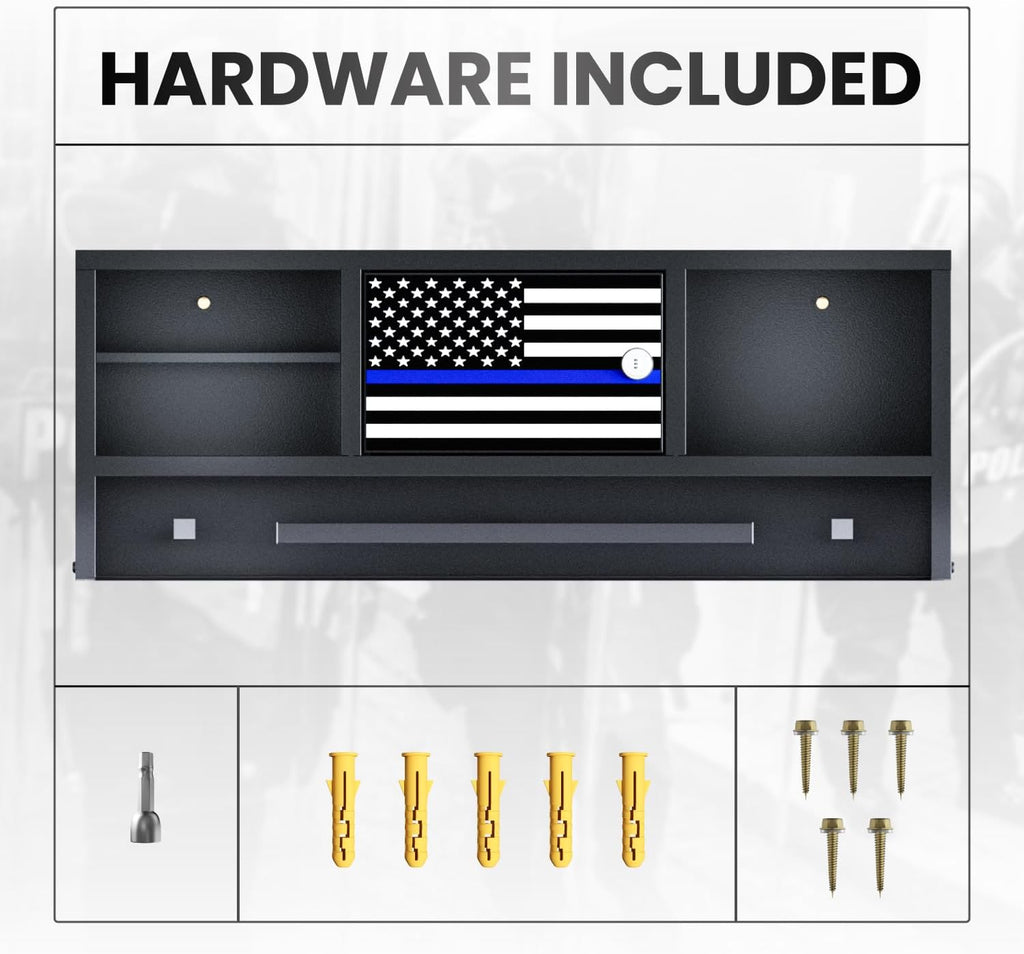 Police Gear Rack for Gun Storage, Tactical Police Hanger with Hooks, Police Gear Stand Wall-Mounted with Password Lock Safe & Decorative Flags, Black