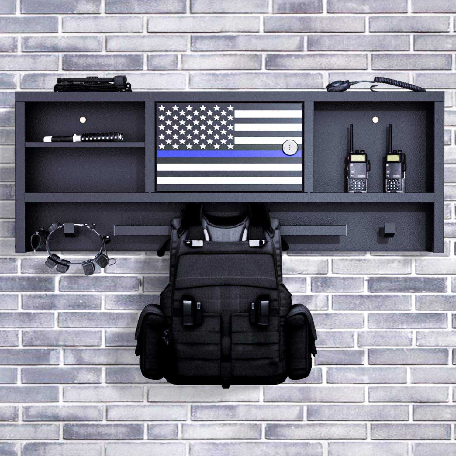 Police Gear Rack for Gun Storage, Tactical Police Hanger with Hooks, Police Gear Stand Wall-Mounted with Password Lock Safe & Decorative Flags, Black