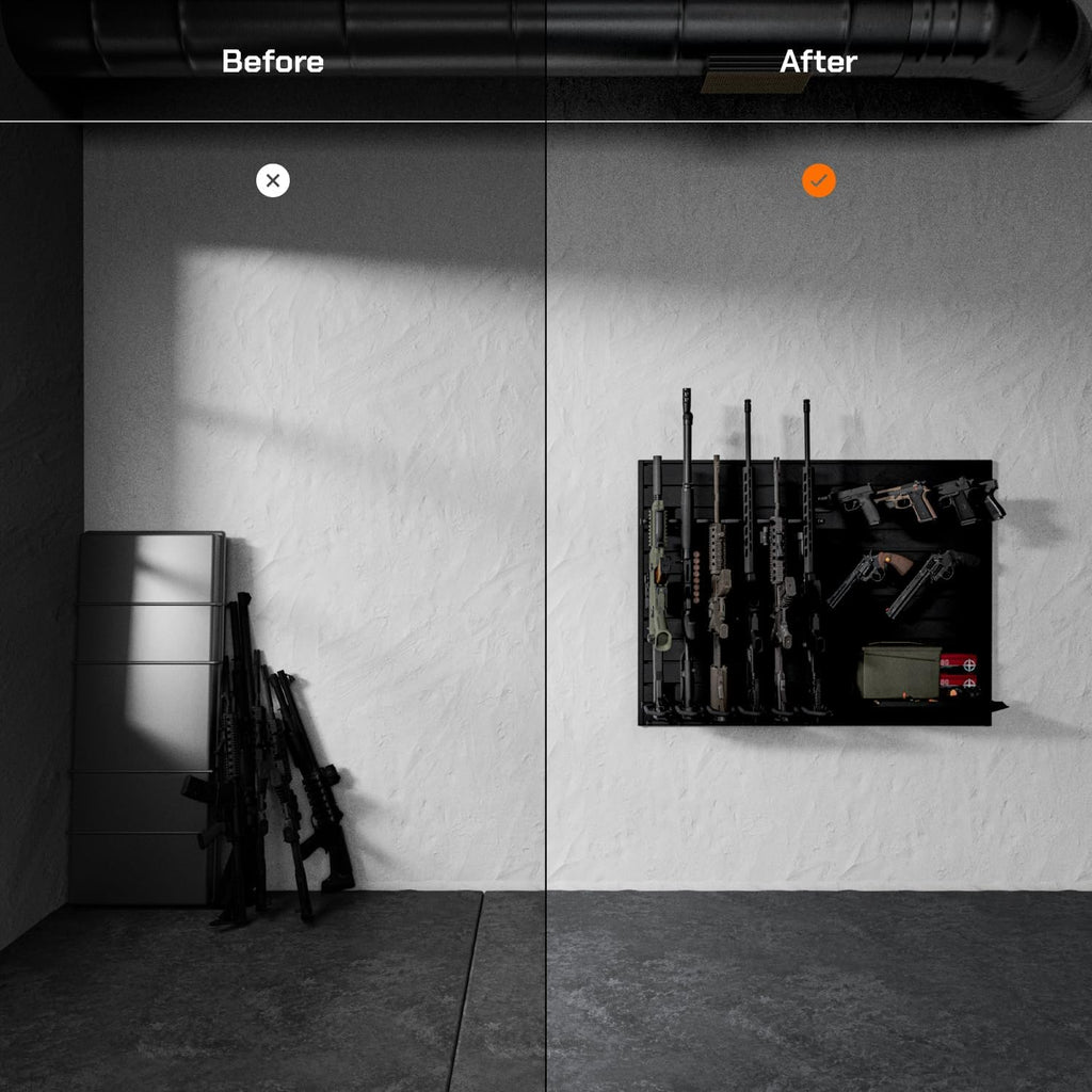 Hold Up Displays Gun Wall Mount Display, Modular Tactical Wall for 6 Pistols and 6 Rifles, Police Gear Rack and Equipment Organizer, Heavy-Duty Aluminum Slatwall Gun Storage System