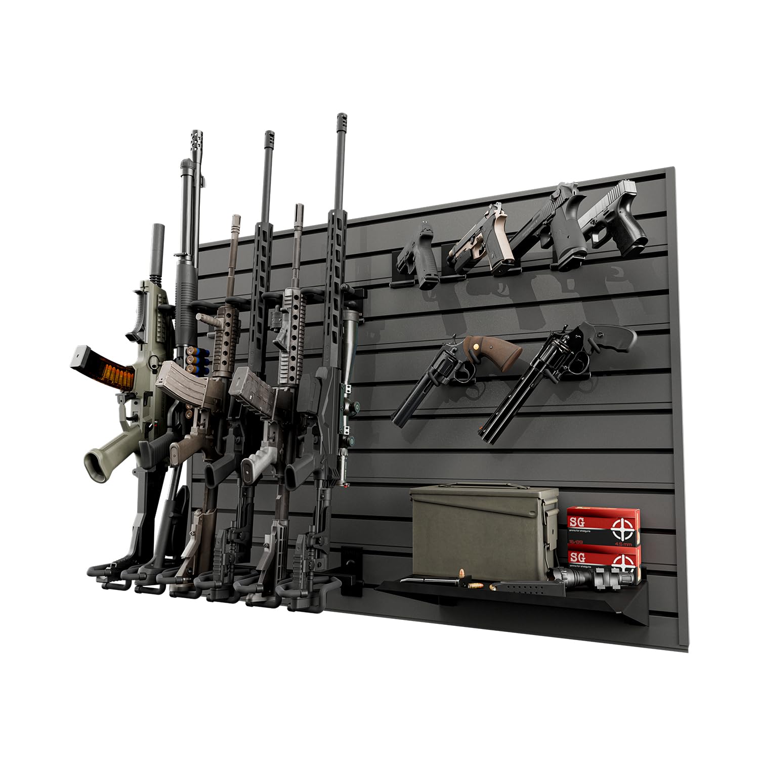 Hold Up Displays Gun Wall Mount Display, Modular Tactical Wall for 6 Pistols and 6 Rifles, Police Gear Rack and Equipment Organizer, Heavy-Duty Aluminum Slatwall Gun Storage System